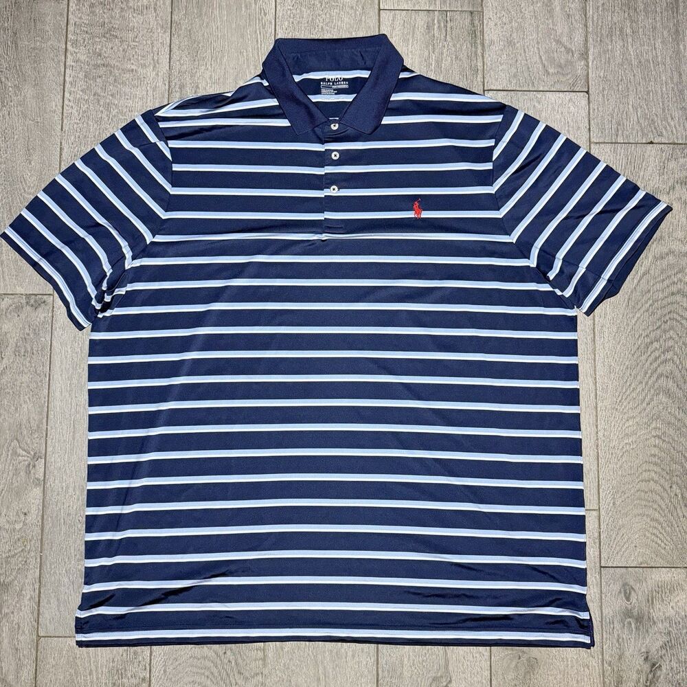 Polo Ralph Lauren Performance Polo Shirt 2XL Navy White Striped  Red Pony Golf
